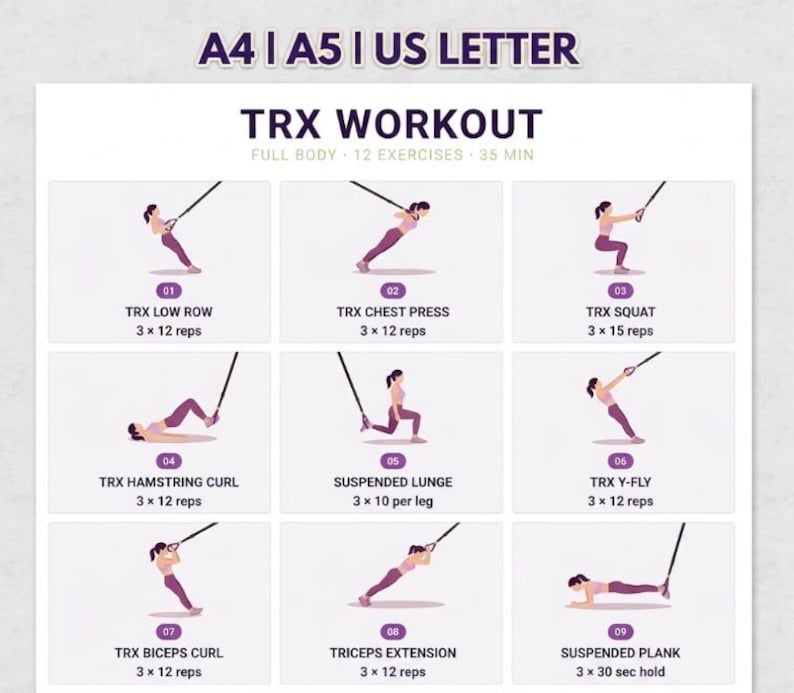 May include: A workout guide with the text "TRX WORKOUT" and exercise illustrations. The guide includes exercises such as TRX Low Row, Chest Press, Squat, Hamstring Curl, Suspended Lunge, Y-Fly, Biceps Curl, Triceps Extension, and Suspended Plank.