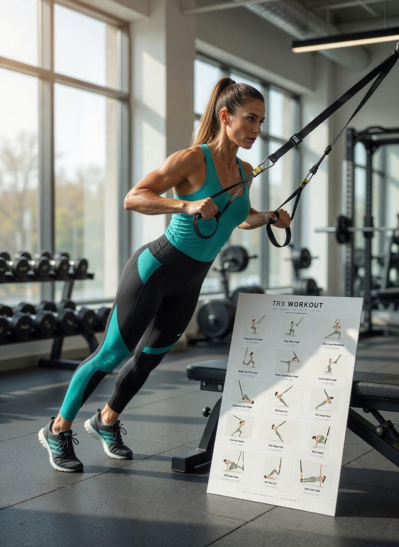 May include: A woman in a teal tank top and black leggings doing a TRX workout in a gym. A poster with TRX workout instructions is visible. The woman is using black TRX straps for the exercise.