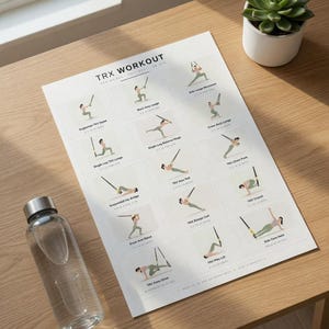 May include: A workout guide titled "TRX WORKOUT" with illustrations of various exercises. A clear water bottle with a silver lid sits next to the guide. A small potted succulent is also present. The items are on a wooden surface.