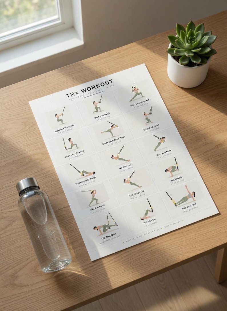 May include: A workout guide titled "TRX WORKOUT" with illustrations of various exercises. A clear water bottle with a silver lid sits next to the guide. A small potted succulent is also present. The items are on a wooden surface.