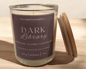 Dark Library Candle: Leather & Rosewood Scented Coconut Soy Candle