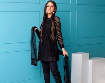 Royal Black Black Net Straight Shirt With Cigarette Pant Pakistani