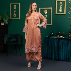 Pakistani Designer Dress: Tea Pink Pakistani Straight Shirt with Cut-Work Embroidery and Flared Pants