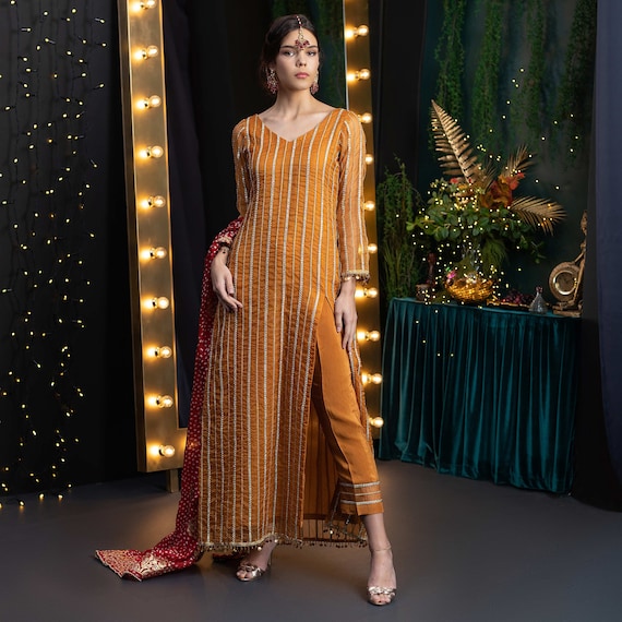 Pakistani Designer Dress Rust Long Shirt With Tilla and Panni Embroidery Red Chunri Dupatta Dholki Mehndi Sangeet Ubtan Party Wear Etsy