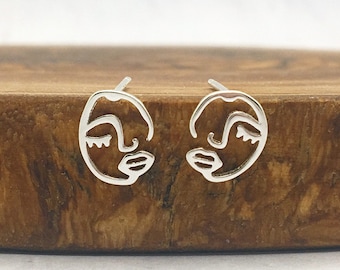 Abstract Face Sterling Silver Stud Earrings: Dainty Art Lover Gift