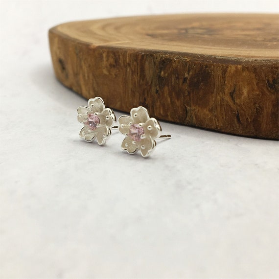 Flower Earrings with Pink Crystal Center Sterling Silver Flower Earrings with Pink Crystal Center Sterling Silver