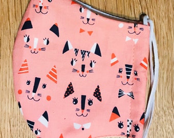 Cute Pink Cat print cotton, reusable and washable facemask