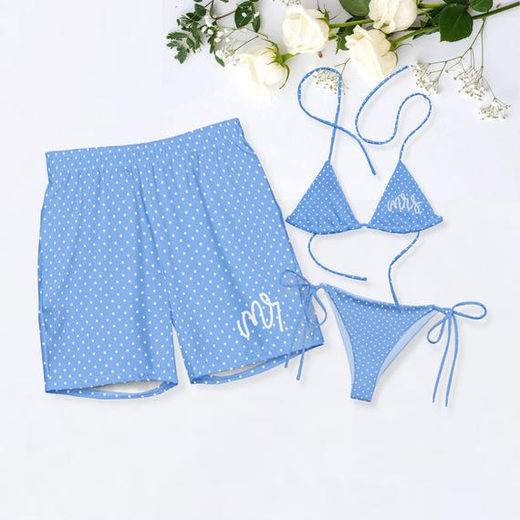 Mr & Mrs Matching Polka Dot Swimwear Set, Couples Beach Bathing Suits