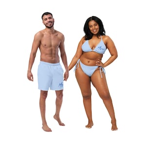 Newlywed Couples Matching Swimwear: Mr & Mrs Vacation Bathing Suits, His and Hers Plus Size Options. Matching Swimwear.