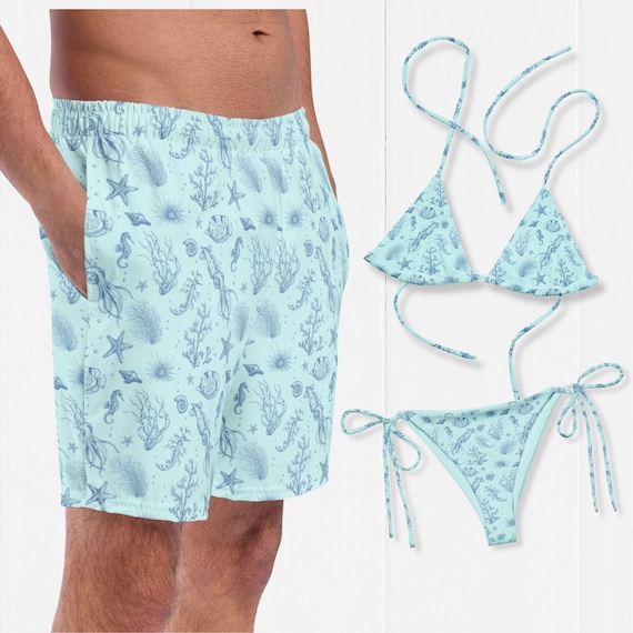 Matching Sea Shell Couples Swimsuits: His and Hers Honeymoon Beachwear