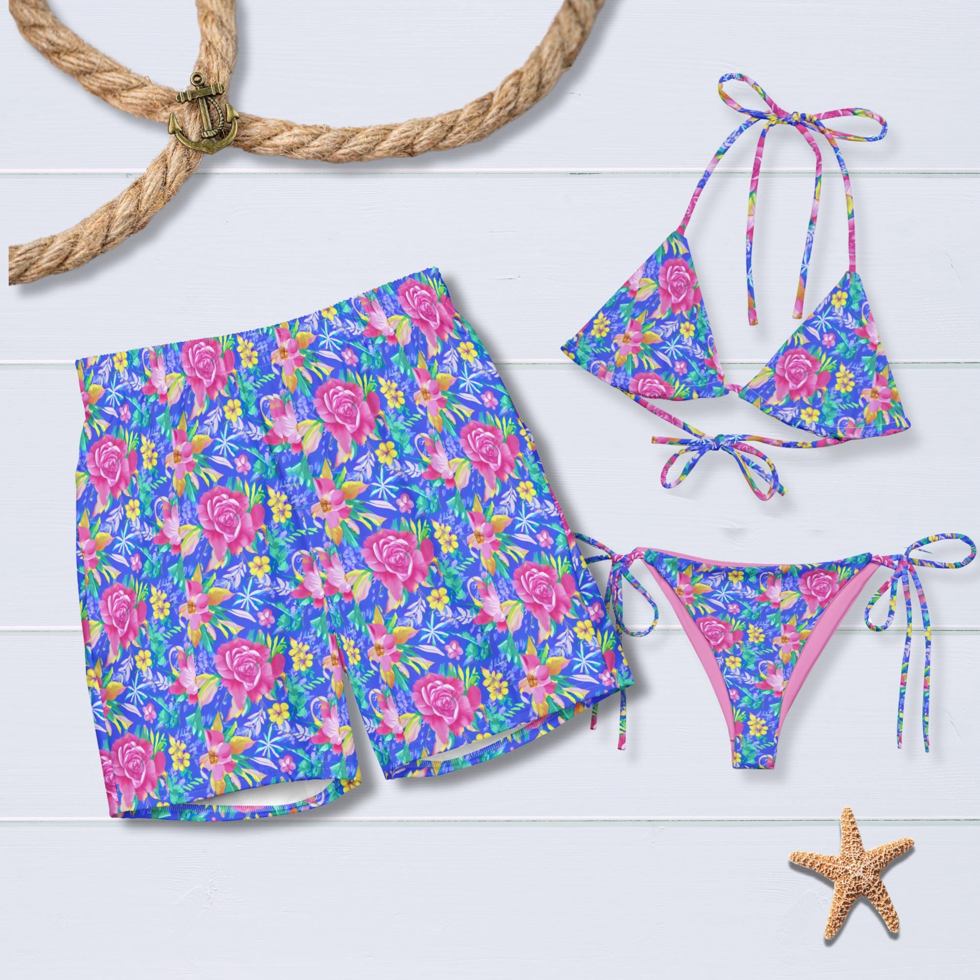 Matching Tropical Rose Swimwear Set: His & Hers Vacation Bathing Suits