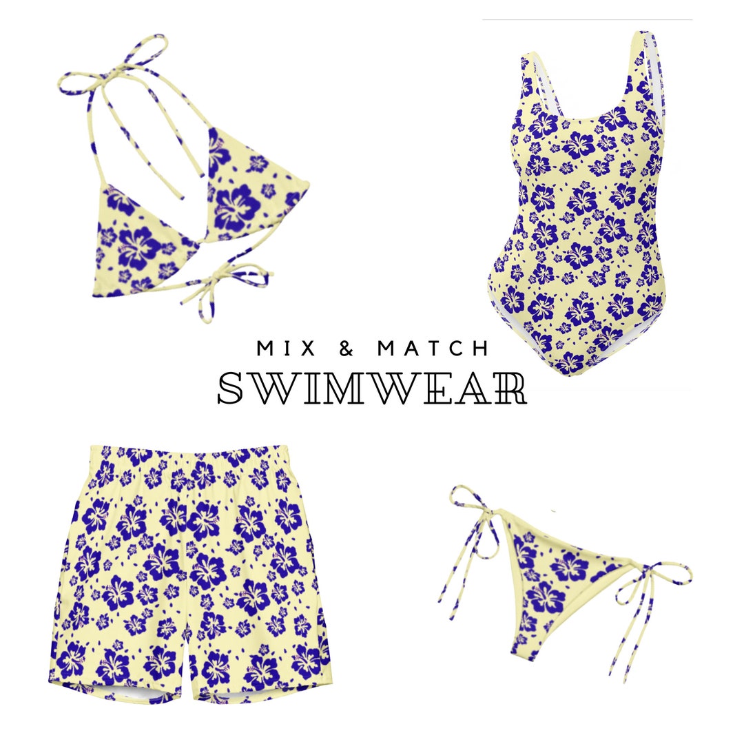 Honeymoon Couples Tropical Swimsuits. Hawaiian Vacation Swimsuit & Swim Shorts. His and Hers