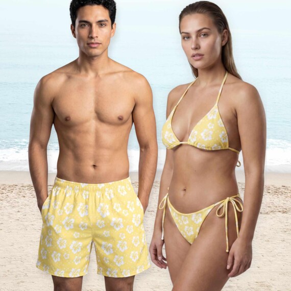 Matching His and Hers Y2K Butter Yellow Swimsuits: Tropical Lemon Bikini Separates for Couples