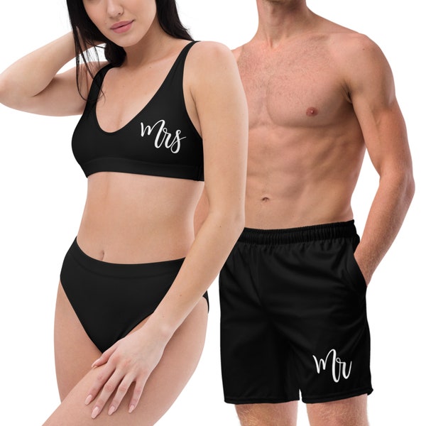 Honeymoon Couples Custom Matching Swimsuits. Mr and Mrs Bikini & Swim Shorts. His and Hers Beachwear. Plus Sized.