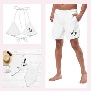 Gepersonaliseerde huwelijksreiszwemkleding voor koppels: badpakken voor vakantiegangers, grote maten. Bijpassende stellen.