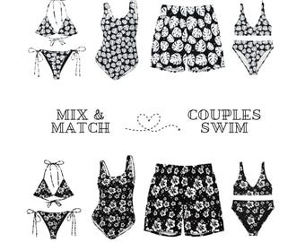 彼と彼女のお揃いのプールサイド水着 | 黒と白のカップル向けハネムーンビーチウェアセット