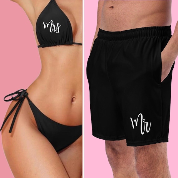 Honeymoon Couples Swimwear. Mr and Mrs Bikini, One-Piece & Shorts, Custom Plus Size Beachwear