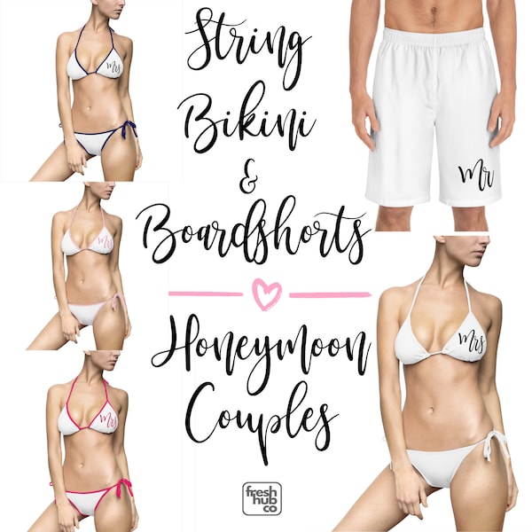 Honeymoon Couple Swimwear. Bride String Bikini and Groom Board Shorts. Mr and Mrs Swimsuits. Matching Couple Swimsuits