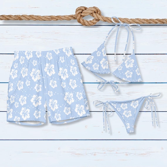 His and Hers Tropical Pastel Floral Swimsuits - Romantic Matching Couples Beachwear for Honeymoon Vacation