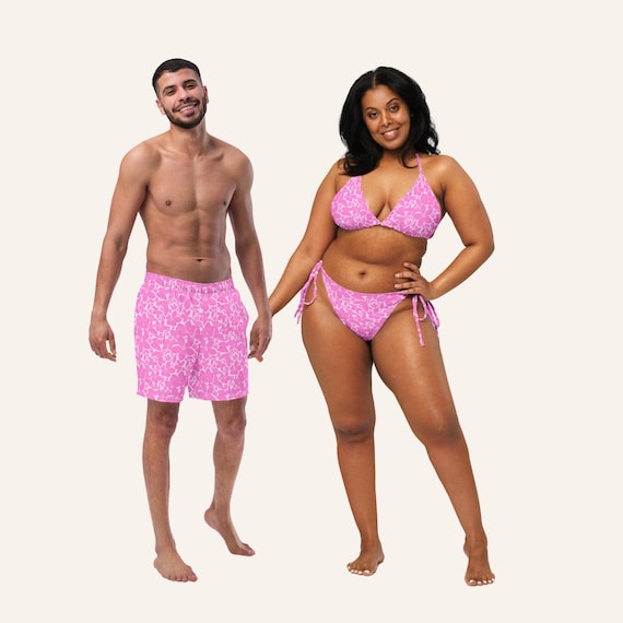 Romantic Matching Couples Tropical Swimsuits - His and Hers Floral Vacation Bathing Suits for Honeymoon. Pink Swimsuits. Pink Swimwear.