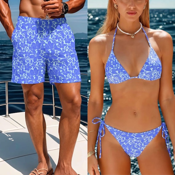 Matching Couples Tropical Swimsuits: Floral His & Hers Vacation Swimwear