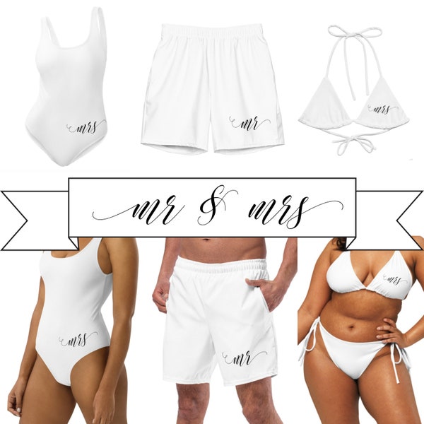 Honeymoon Couples Custom Swimsuits.  Mr and Mrs Vacation Swimsuit & Swim Shorts. His and Hers Bathing Suits. Plus Size Matching Swimwear.