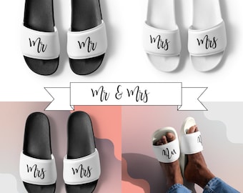 Mr & Mrs Honeymoon Wedding Slides. Bride Honeymoon Sandals. Matching Couples Mr and Mrs Bride and Groom Slides.