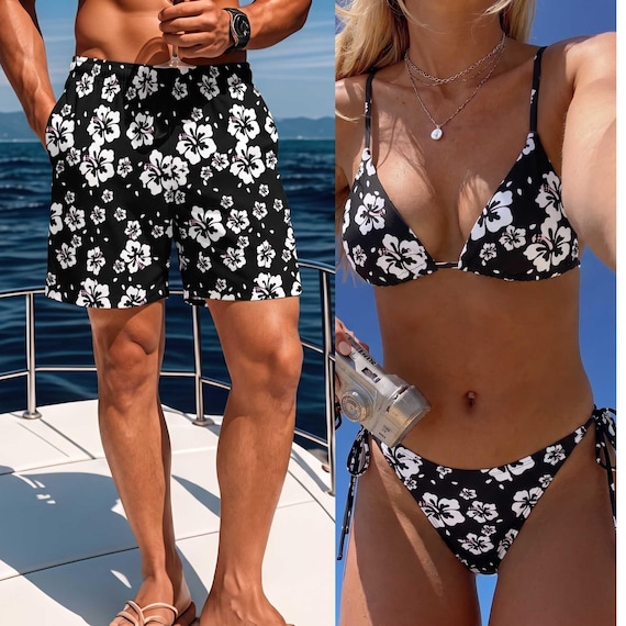 Matching Couples Swimwear: Tropical Floral His & Hers Swimsuits