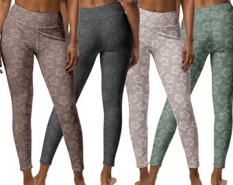 Yogalegging aardetinten bloemen: hoog getailleerde sportkleding met zak