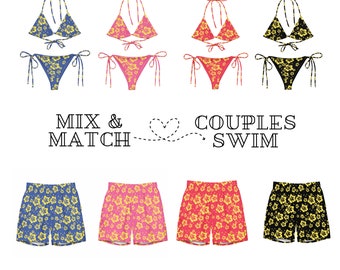 Tropical Flower Matching Couples Swimsuits: UPF 50+ Options