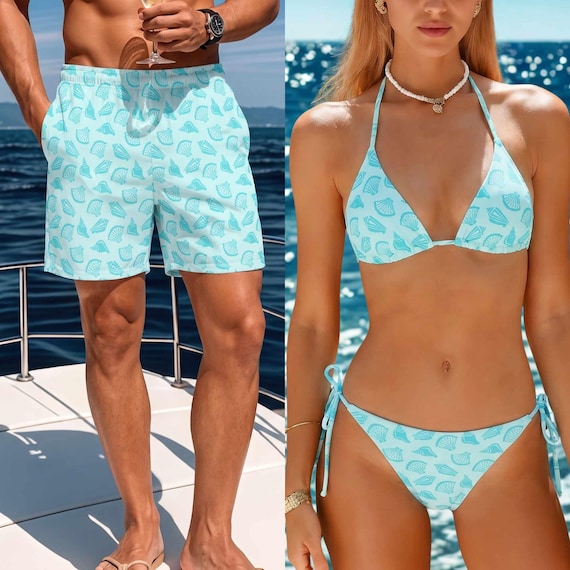 Matching Sea Shell Couples Swimsuits: His and Hers Honeymoon Beachwear