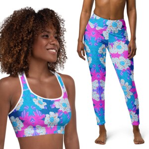 Vibrant Tropical Floral Yoga High-Waisted Leggings with UP50 Padded Sports Bra: Breathable, Activewear for Fitness & Relaxation