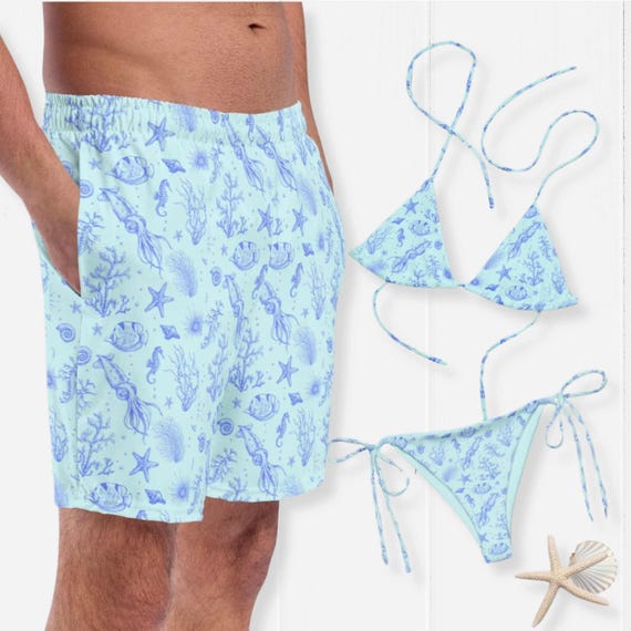 Matching Sea Shell Couples Swimsuits: His and Hers Honeymoon Beachwear