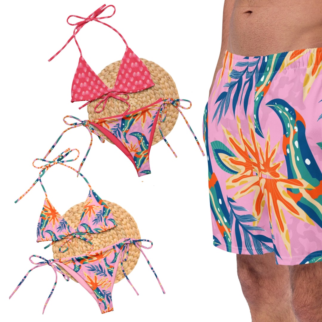Honeymoon Couples Matching Swimsuits. Tropical His and Hers Couples