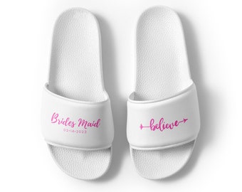 Personalized Bridesmaid slides. Custom Bridesmaid Name and Date Wedding FlipFlops. Classic Bridesmaid Gift Wedding Slippers. Pink or Black.