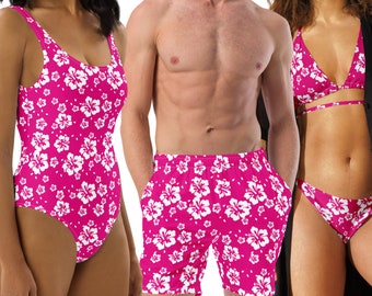 Conjunto de biquínis combinando com estampa floral tropical para casais - Ideal para lua de mel na praia e com opções de tamanhos plus size.