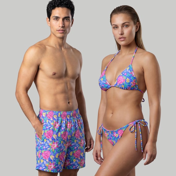 Matching Tropical Rose Swimwear Set: His & Hers Vacation Bathing Suits