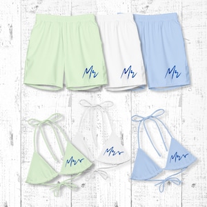 Newlywed Couples Matching Swimwear: Mr & Mrs Vacation Bathing Suits, His and Hers Plus Size Options. Matching Swimwear.