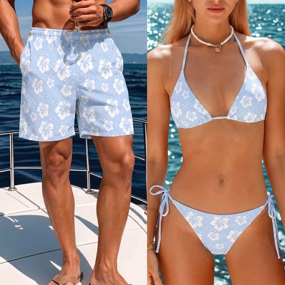 His and Hers Tropical Pastel Floral Swimsuits - Romantic Matching Couples Beachwear for Honeymoon Vacation