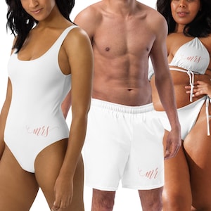 Personalized Honeymoon Swimwear: Mr & Mrs Beach Vacation Matching Bathing Suits - Custom Plus Sizes. Couples Matching Swimwear.