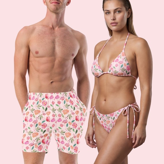 His and Hers Tropical Flamingo Swimsuits - Matching Couples Bathing Suits for Honeymoon Vacation