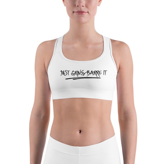 Just Grin and Barre It Sports Bra With Scoop Neckline. Racerback