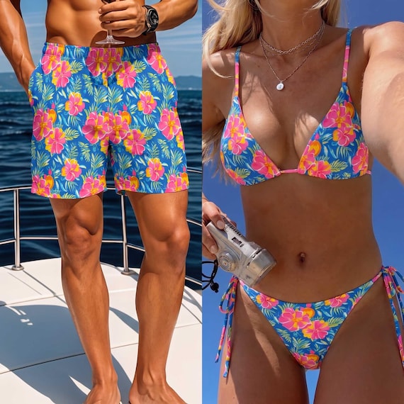 His and Hers Hawaiian Swimsuits - Matching Couples Tropical Beachwear for Honeymoon
