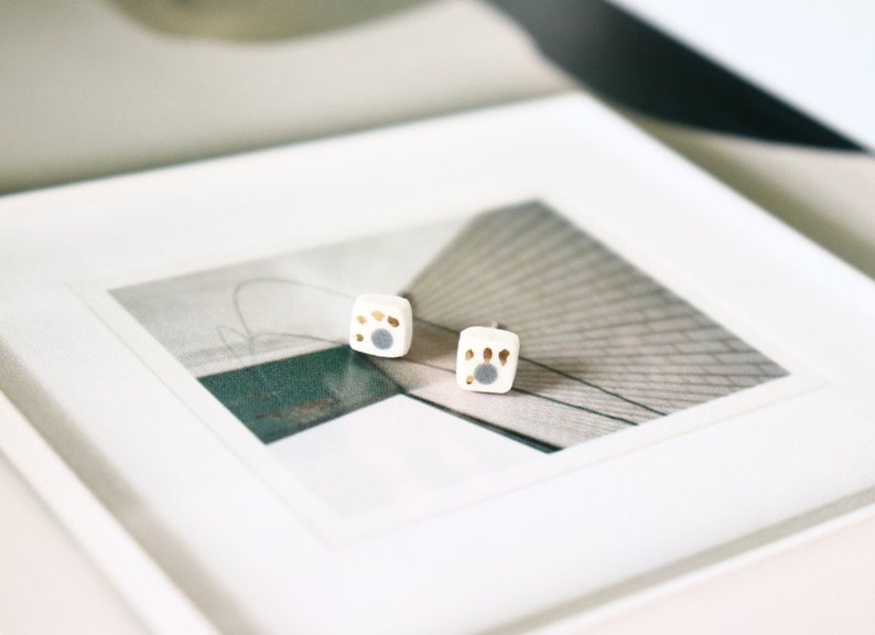 White and Grey 22kt Gold Polka Dot Porcelain Square Earrings Porcelain Earrings Stud Earrings Polka Dot Earrings Square Earrings image 1