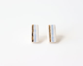 Blue and Gold Stripe Rectangle Porcelain Stud Earrings | Porcelain Earrings | Stud Earrings | Striped Stud Earrings | Handmade Earrings