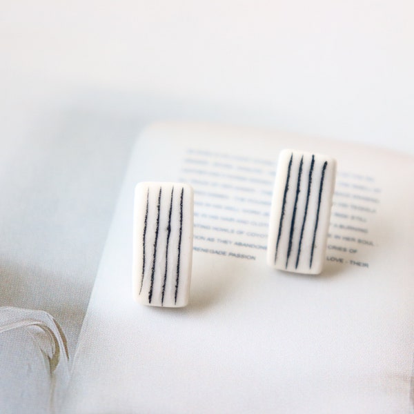 Black Stripe Rectangle Porcelain Stud Earrings | Porcelain Earrings | Stud Earrings | Striped Stud Earrings | Handmade Earrings