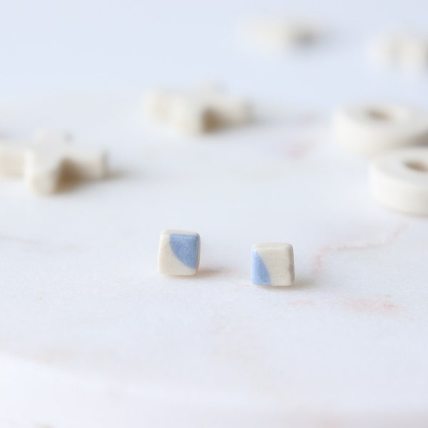 Dainty Blue and White Square Porcelain Stud Earrings | Porcelain Earrings | Stud Earrings | Dainty Earrings | Square Earrings