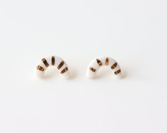 Gold Luster Porcelain Half Moon Stud Earrings | Porcelain Earrings | Stud Earrings | White Stud Earrings | Abstract Stud Earrings