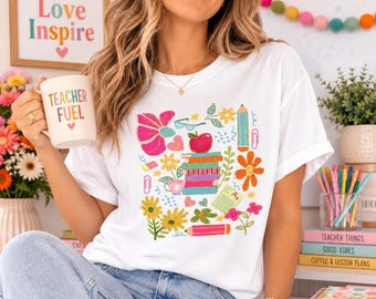 教師用シャツ Comfort Colors®、新学期Tシャツ、かわいい教師用Tシャツ、小学校教師へのギフト、カラフルな教師用Tシャツ、感謝のギフト