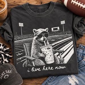 Op de afbeelding: Een antracietgrijs t-shirt met een witte afbeelding van een wasbeer met een baseballpet en zonnebril, zittend in een stadionstoel met een drankje. De tekst "i live here now" staat in witte letters onder de illustratie gedrukt.